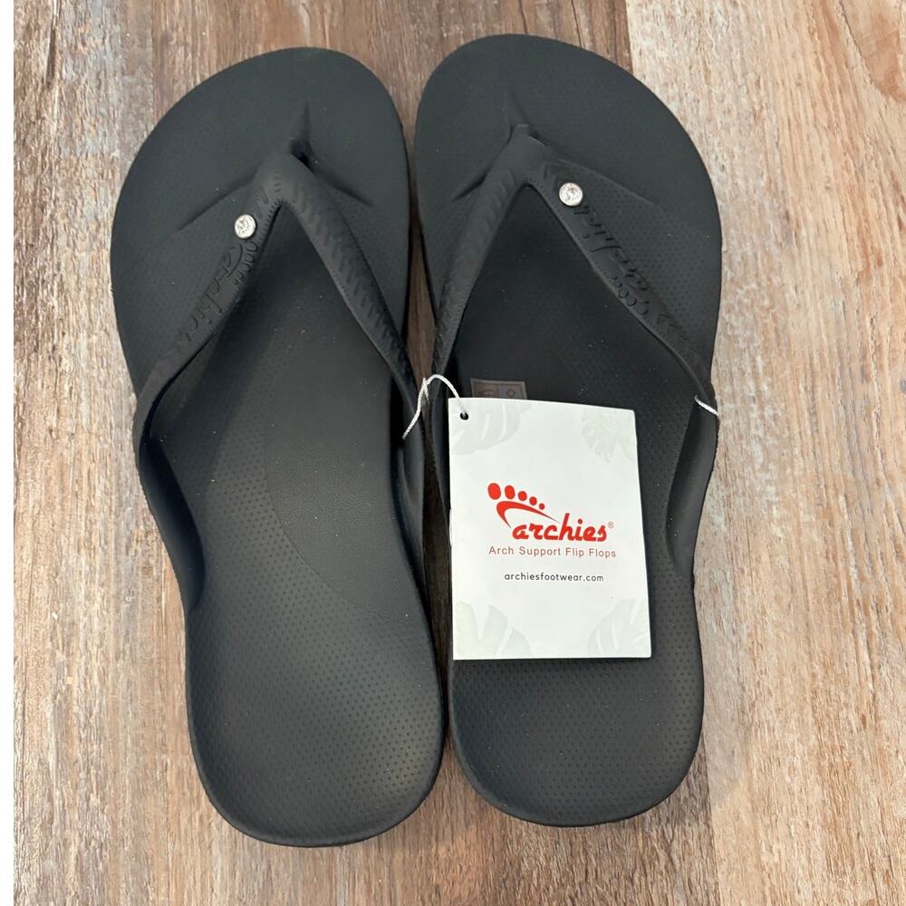 Archies Arch Support Flip Flops thong Black adjustable strap women Sz 11 NEW NWT
